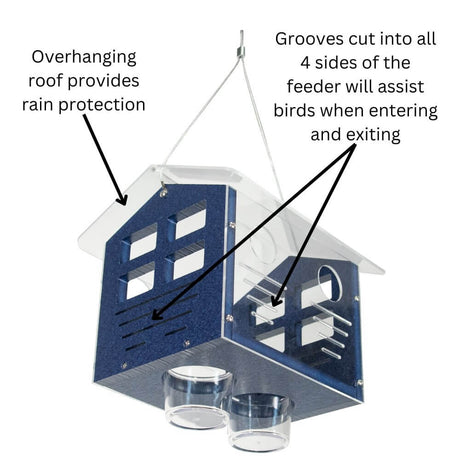 JCS Wildlife Enclosed Bluebird Feeder 2.0 with rain protection roof and grooves for easy bird access.