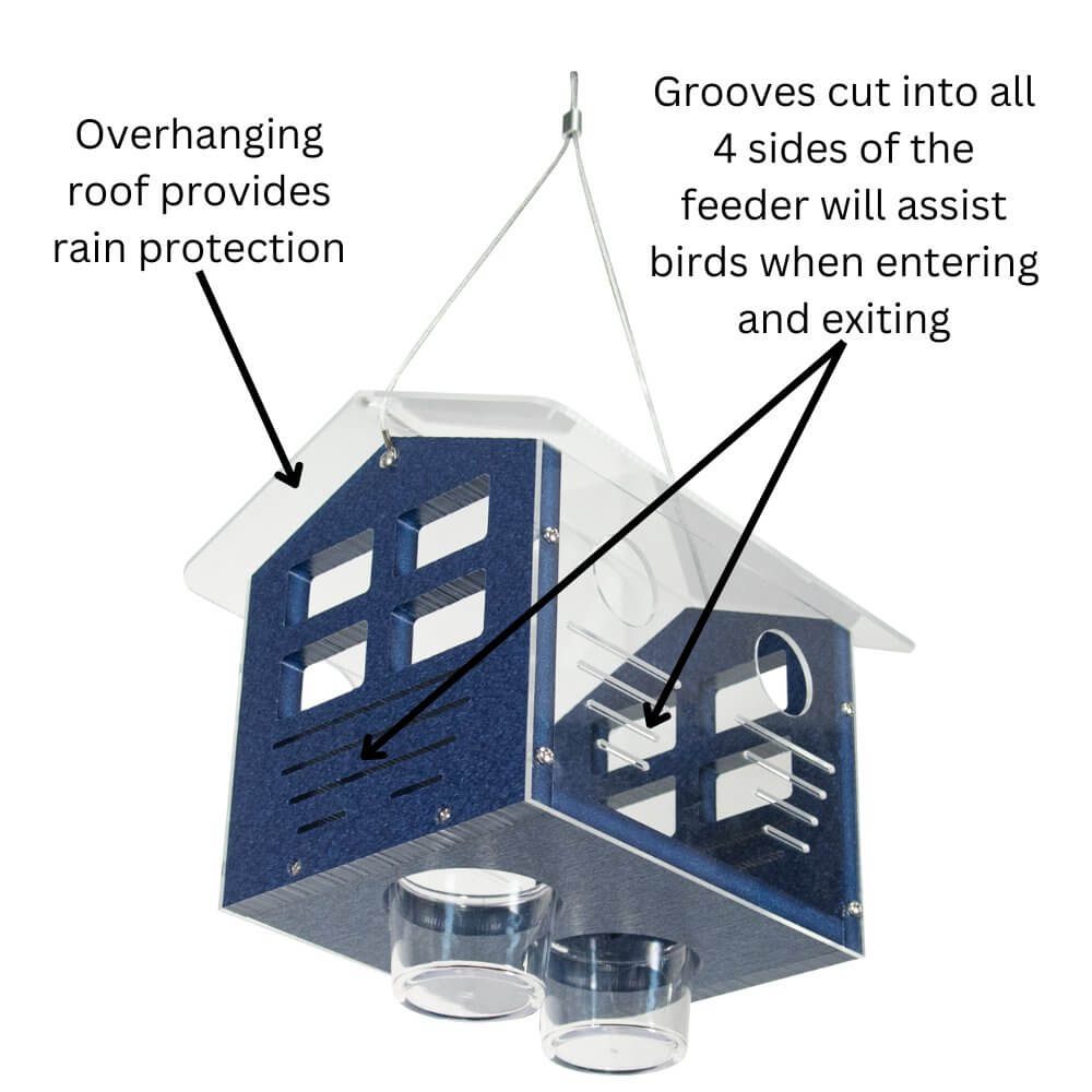 JCS Wildlife Enclosed Bluebird Feeder 2.0 with rain protection roof and grooves for easy bird access.