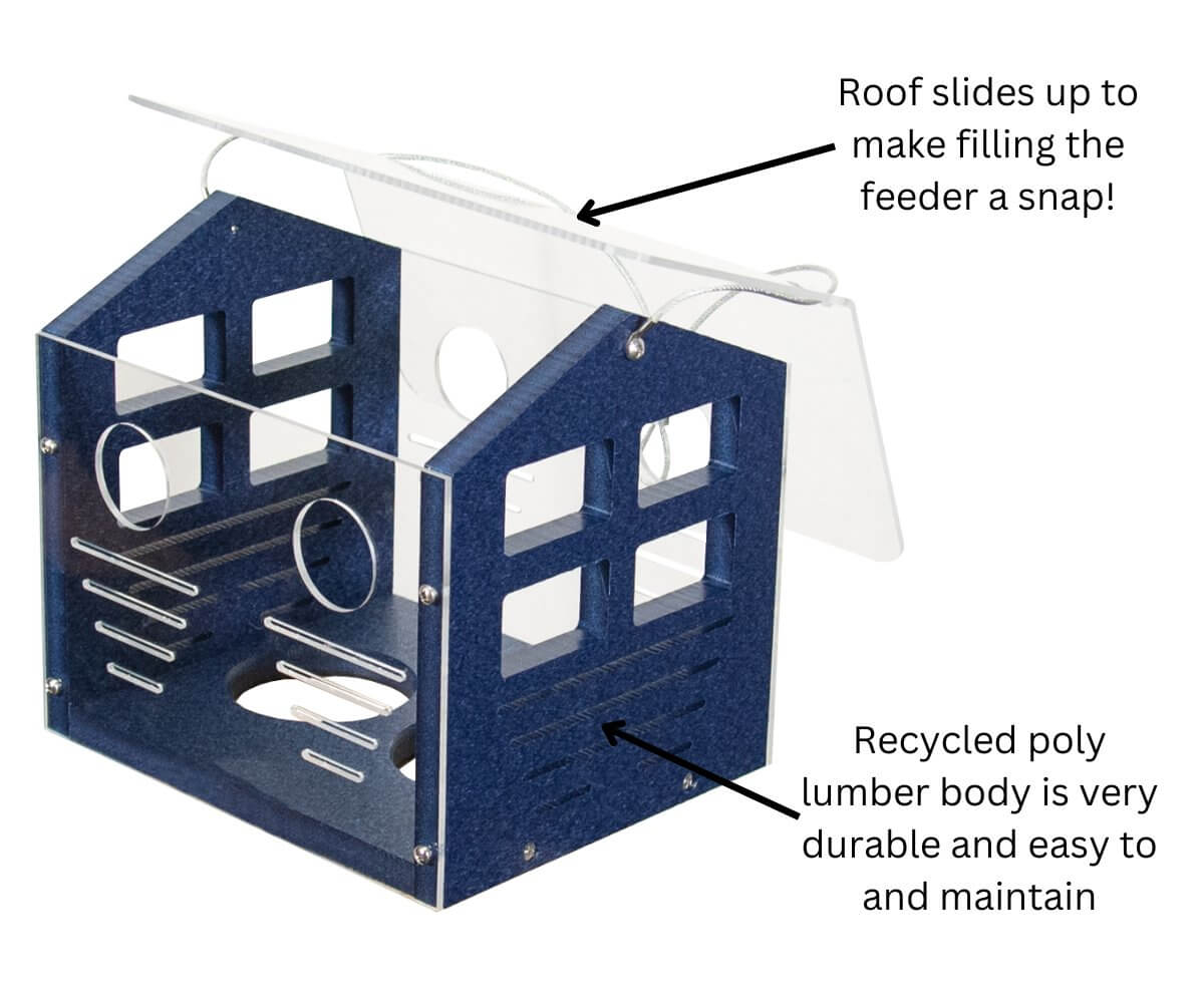 JCS Wildlife Enclosed Bluebird Feeder 2.0 with sliding roof and durable poly lumber body for easy maintenance.