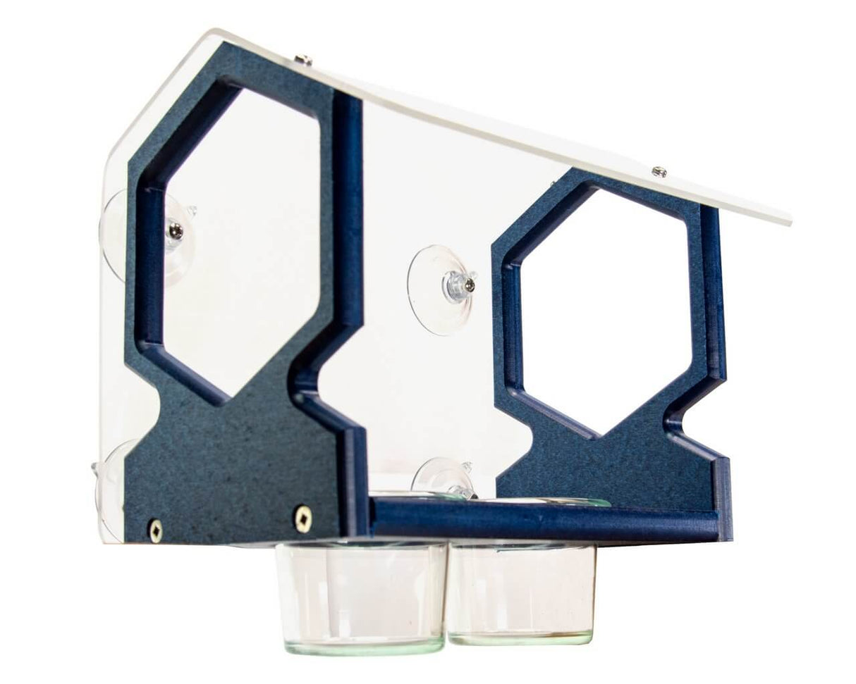 JCS Wildlife Geometric Window Bluebird Feeder featuring a colorful design and two feeding jars for bluebirds.