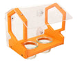 JCS Wildlife Geometric Window Oriole Feeder with orange poly lumber and clear seed cups, secured by strong suction cups.