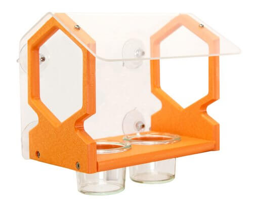 JCS Wildlife Geometric Window Oriole Feeder in orange poly lumber with clear panels and suction cups for birdwatching.