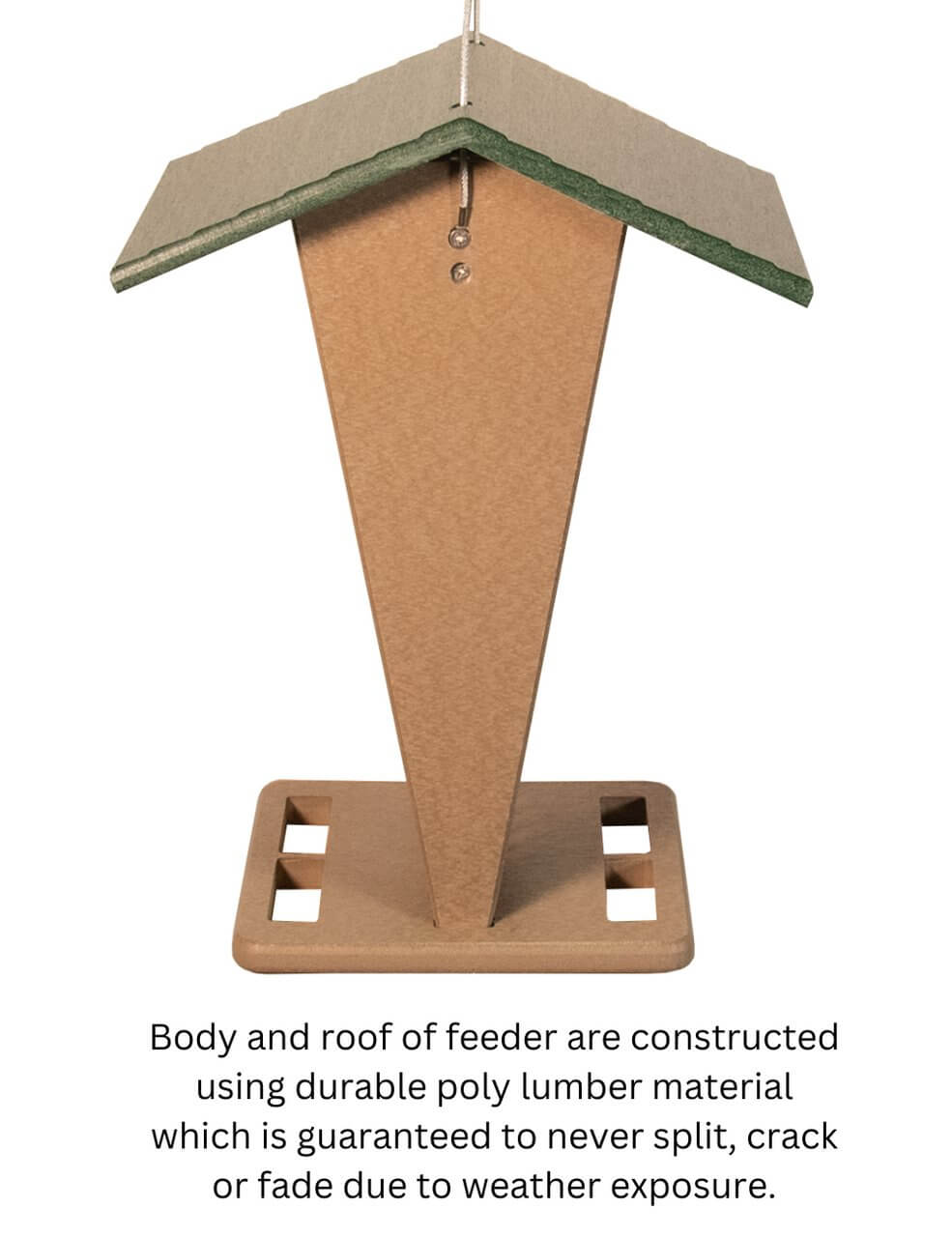 JCS Wildlife Green/Tan Whole Peanut Feeder with Peaked Roof made from durable poly lumber for weather resistance.