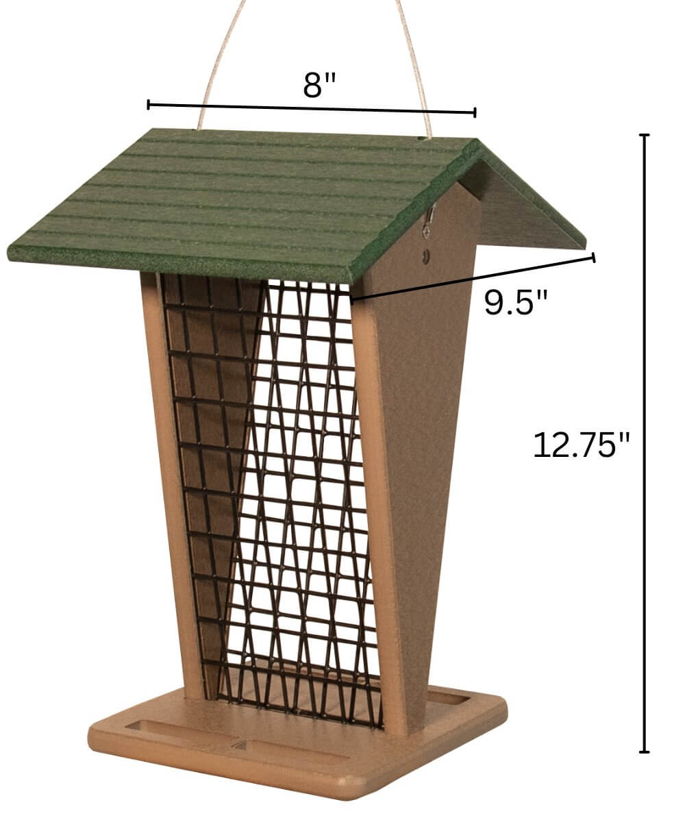 JCS Wildlife Green/Tan Whole Peanut Feeder with Peaked Roof, dimensions 8x9.5x12.75 inches, ideal for attracting birds.