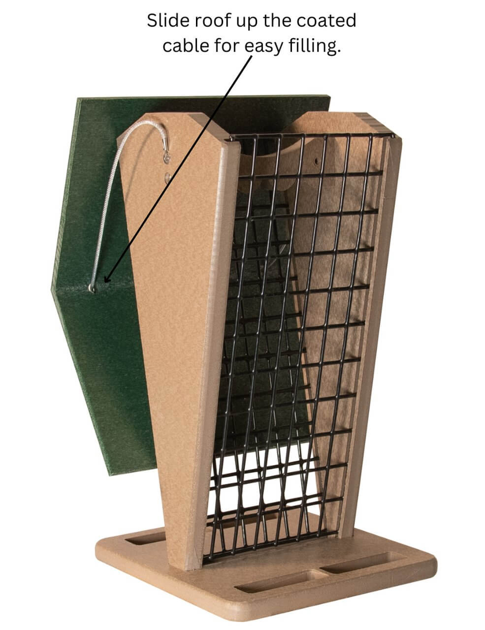 JCS Wildlife Green/Tan Whole Peanut Feeder with Peaked Roof, showing the slide roof for easy filling.