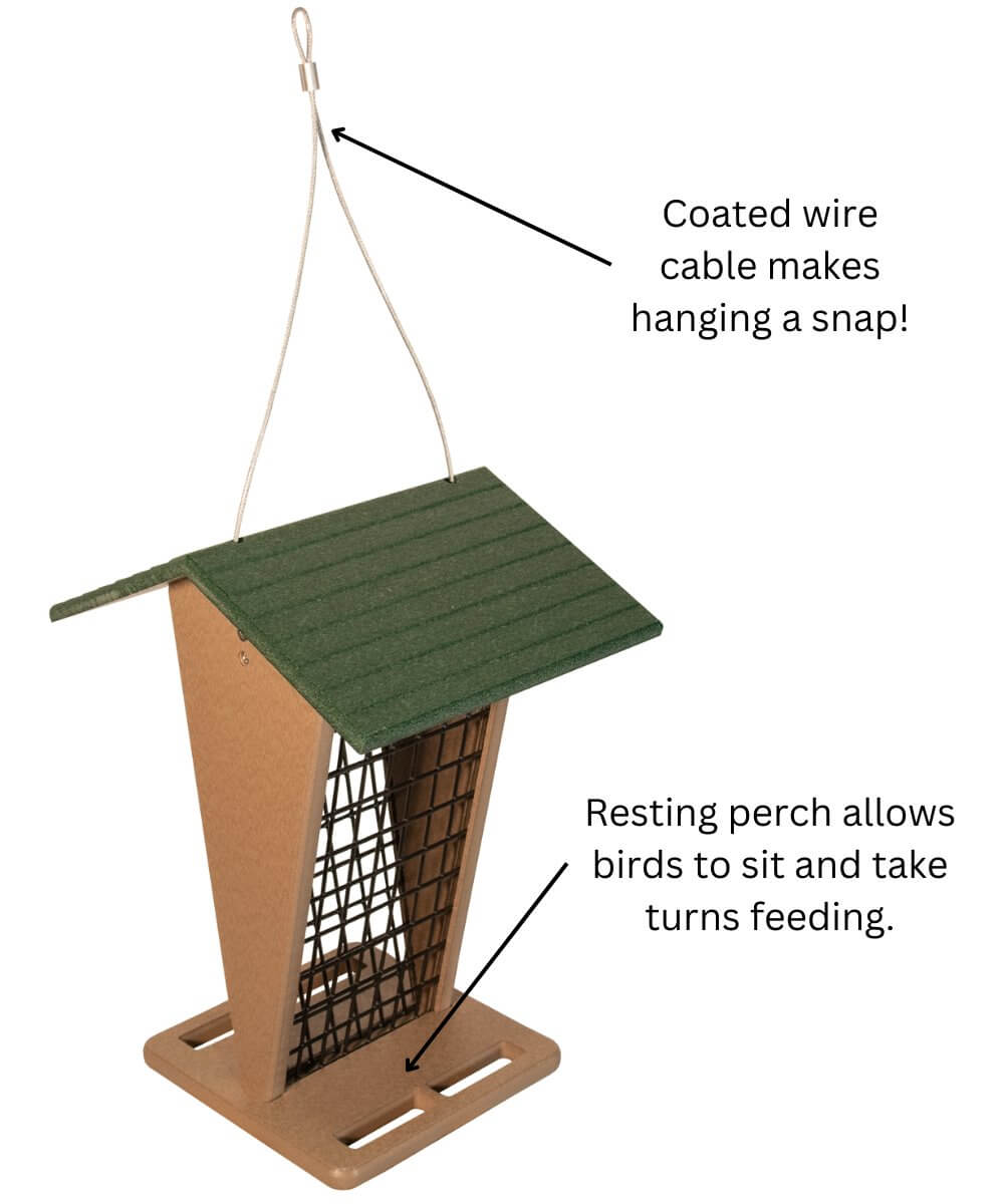 JCS Wildlife Green/Tan Whole Peanut Feeder with peaked roof and coated wire cable for easy hanging.