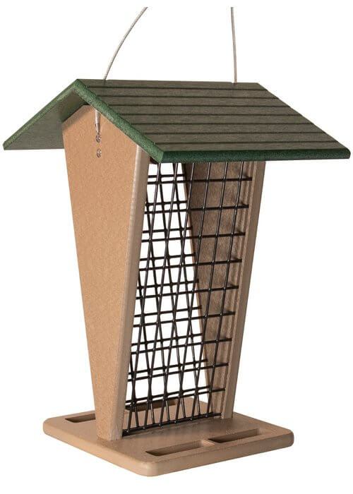 JCS Wildlife Green/Tan Whole Peanut Feeder with Peaked Roof for attracting blue jays and woodpeckers.