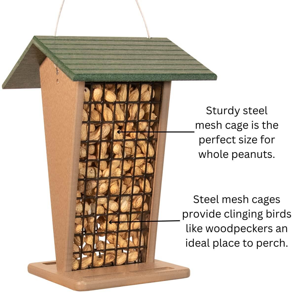 JCS Wildlife Green/Tan Whole Peanut Feeder with Peaked Roof featuring steel mesh cage for whole peanuts and perching spots for birds.