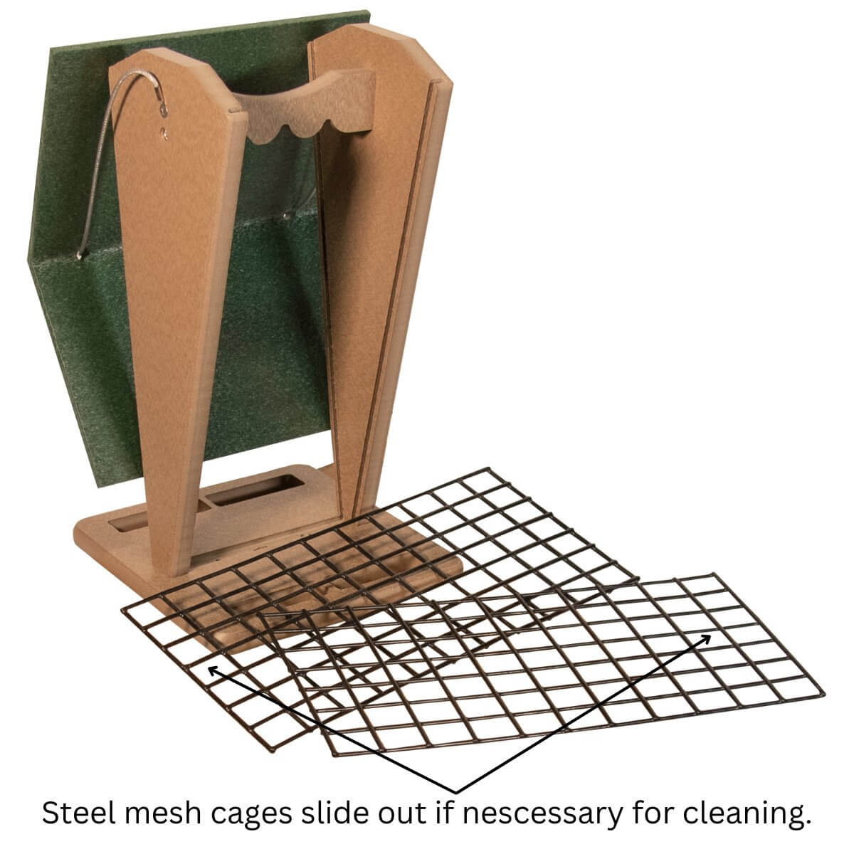 JCS Wildlife Green/Tan Whole Peanut Feeder with Peaked Roof, featuring removable steel mesh for easy cleaning.