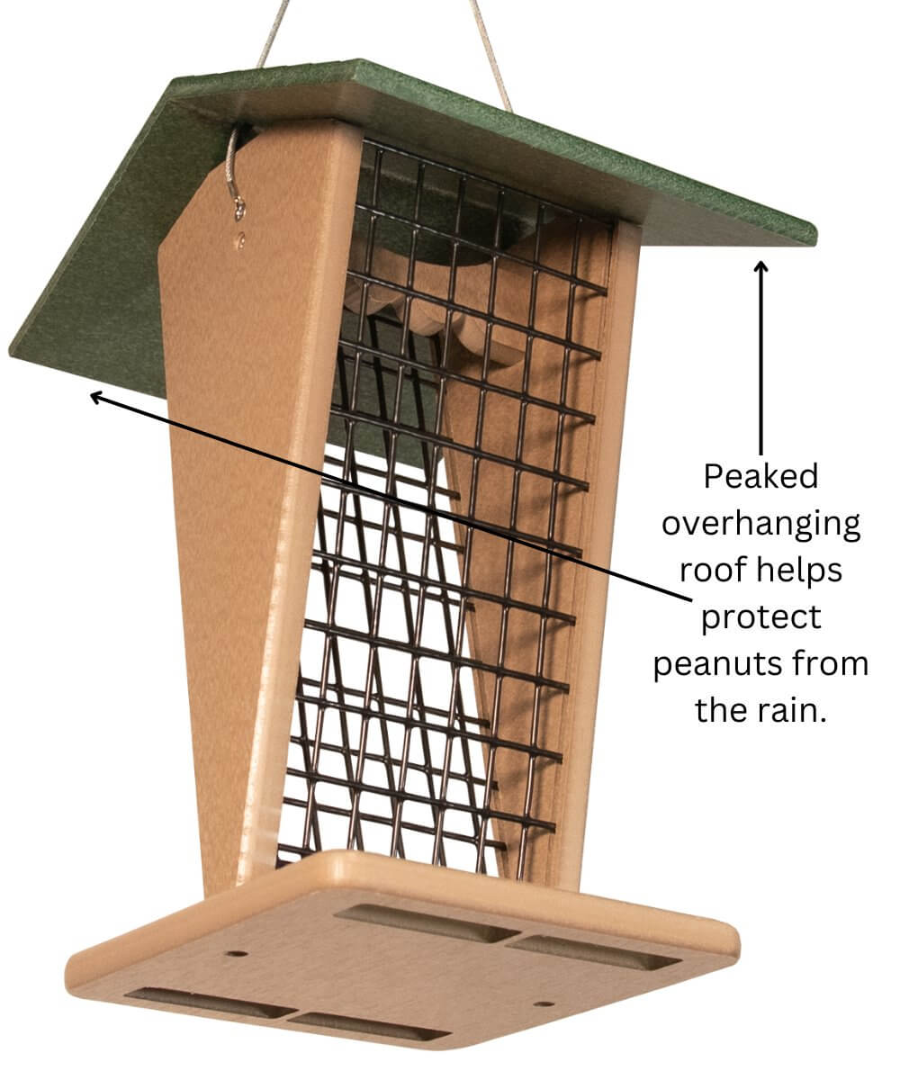 JCS Wildlife Green/Tan Whole Peanut Feeder with peaked roof, designed to protect peanuts from rain.