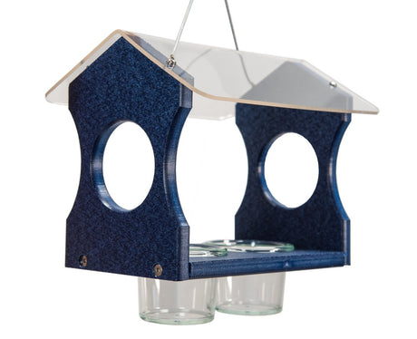 JCs Wildlife Hanging Bluebird Mealworm Feeder in blue, featuring a fly-thru design with two plastic feeding jars and made from recycled poly lumber.