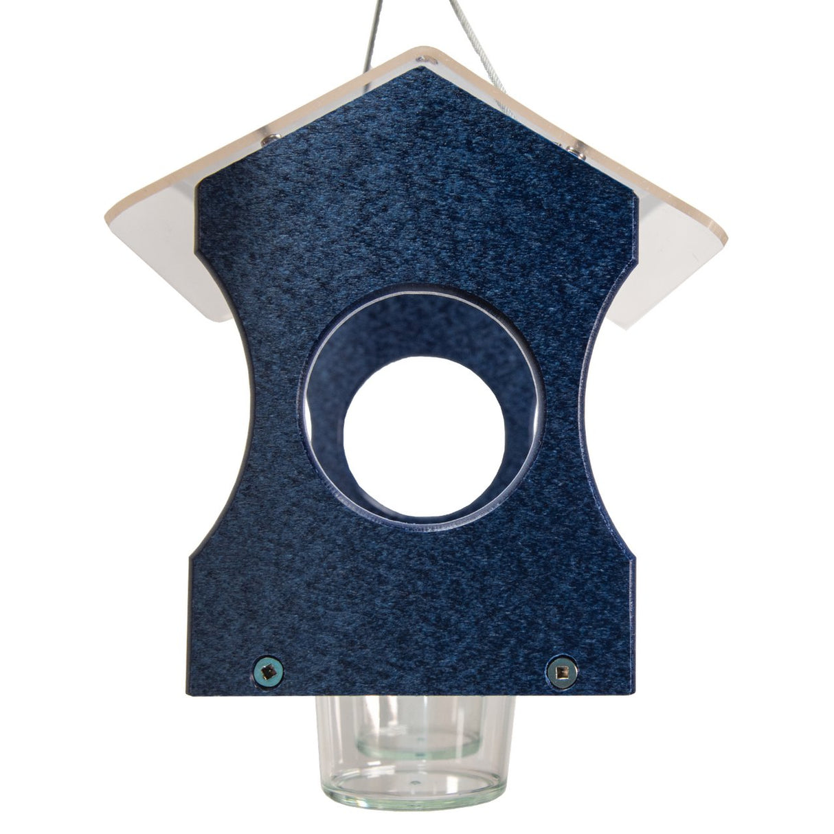 JCs Wildlife Hanging Bluebird Mealworm Feeder in fly-thru style, made from recycled poly lumber, with two plastic jars for easy feeding.