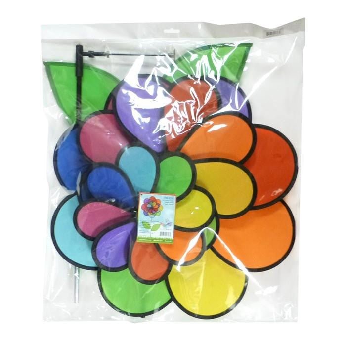 In The Breeze 24-Petal Flower Triple Wheel Spinner with Leaves in packaging, featuring bright rainbow colors and leaves.