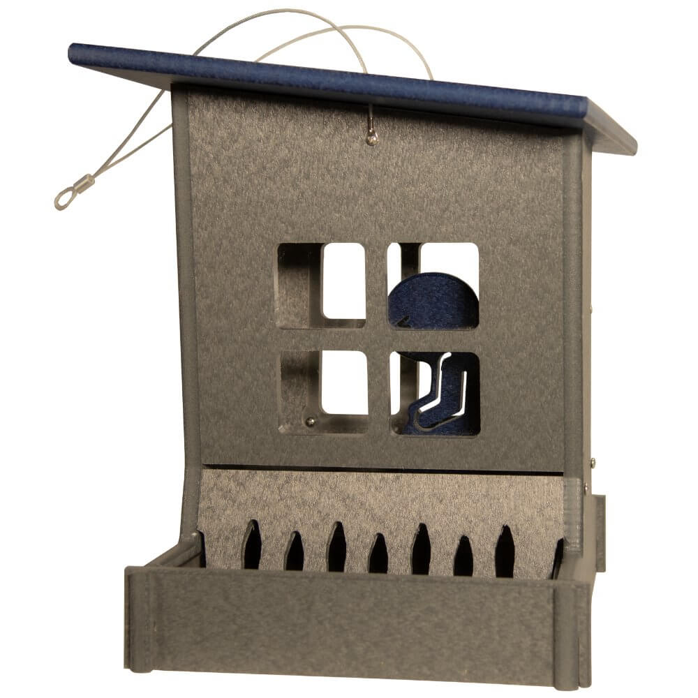 JCS Wildlife Large Poly Outhouse Feeder with blue roof and seed tray for amusing bird feeding.