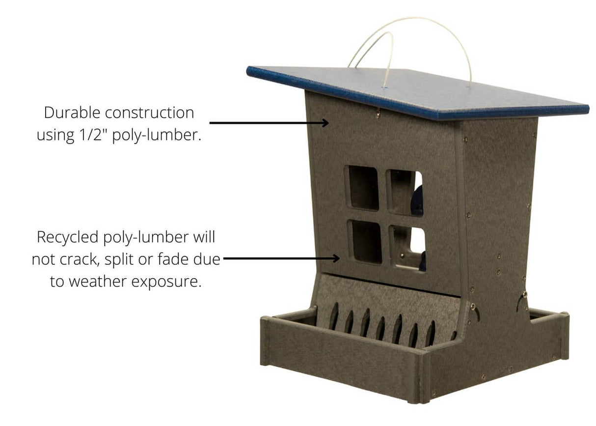 JCS Wildlife Large Poly Outhouse Feeder showcasing durable recycled poly lumber construction for bird feeding.