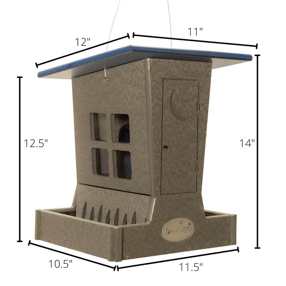 JCS Wildlife Large Poly Outhouse Feeder in gray with dimensions, perfect for birdfeeding with durable recycled materials.