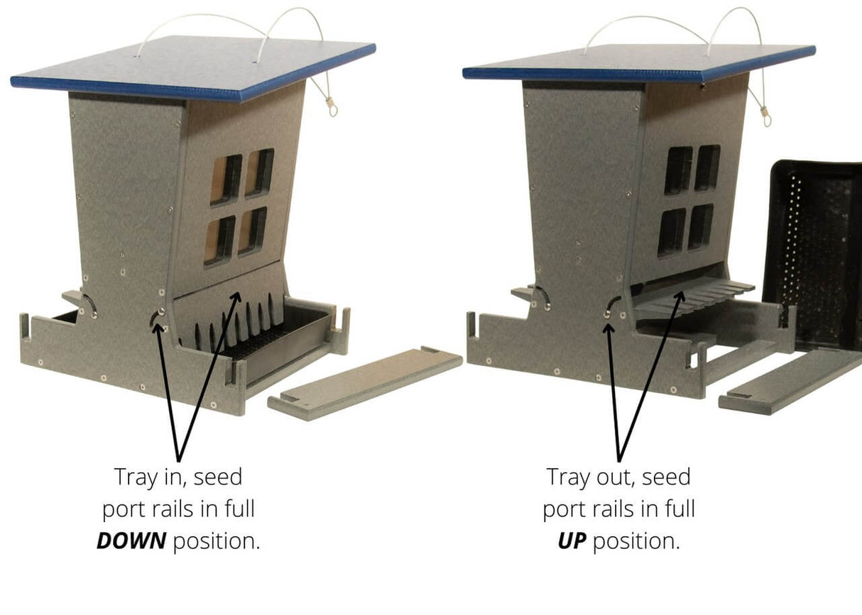 JCS Wildlife Large Poly Outhouse Feeder showing tray positions for easy seed access and maintenance.