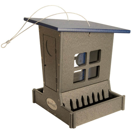 JCS Wildlife Large Poly Outhouse Feeder designed for bird feeding, featuring a charming outhouse shape and durable recycled material.
