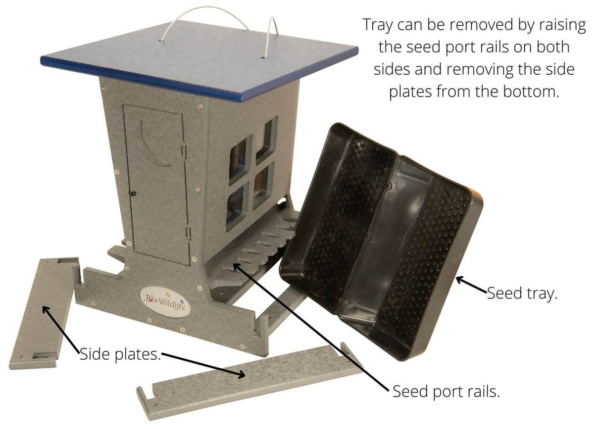 JCS Wildlife Large Poly Outhouse Feeder with removable seed tray, side plates, and seed port rails for easy cleaning.