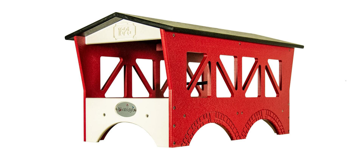 JCs Wildlife Ol' Red Covered Bridge Ground Feeder showcasing countryside charm for gardens and landscapes.