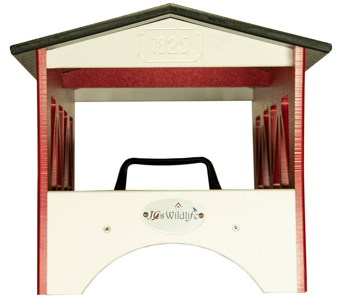 JCs Wildlife Ol' Red Covered Bridge Ground Feeder featuring charming design with triangle truss cut outs for easy bird access.