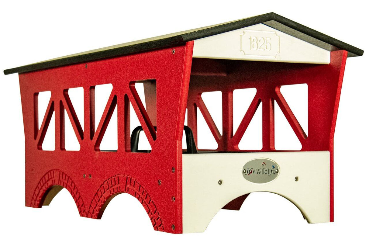 JCs Wildlife Ol' Red Covered Bridge Ground Feeder designed for bird feeding with charming historic details.