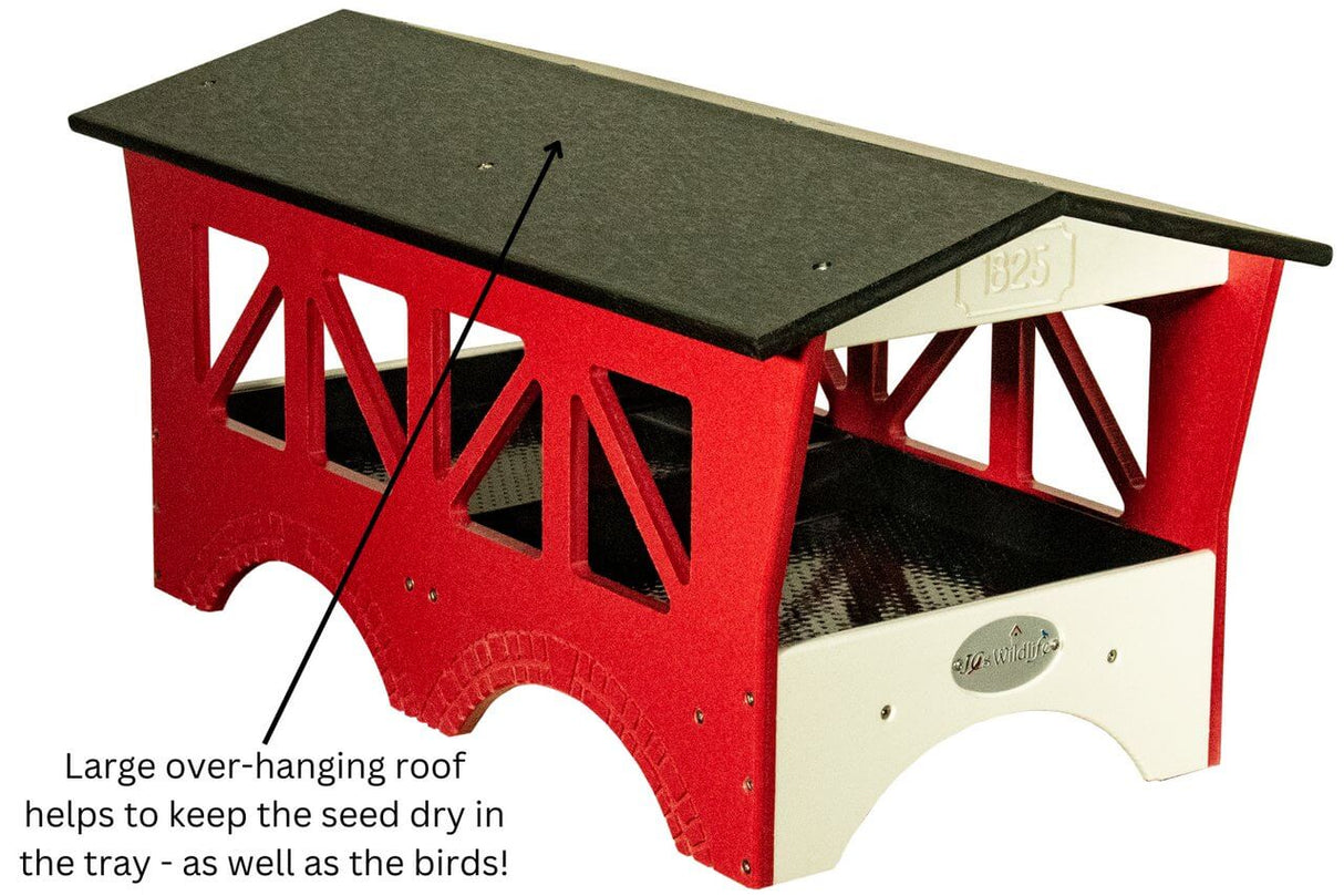 JCs Wildlife Ol' Red Covered Bridge Ground Feeder with over-hanging roof to keep seeds dry for birds.