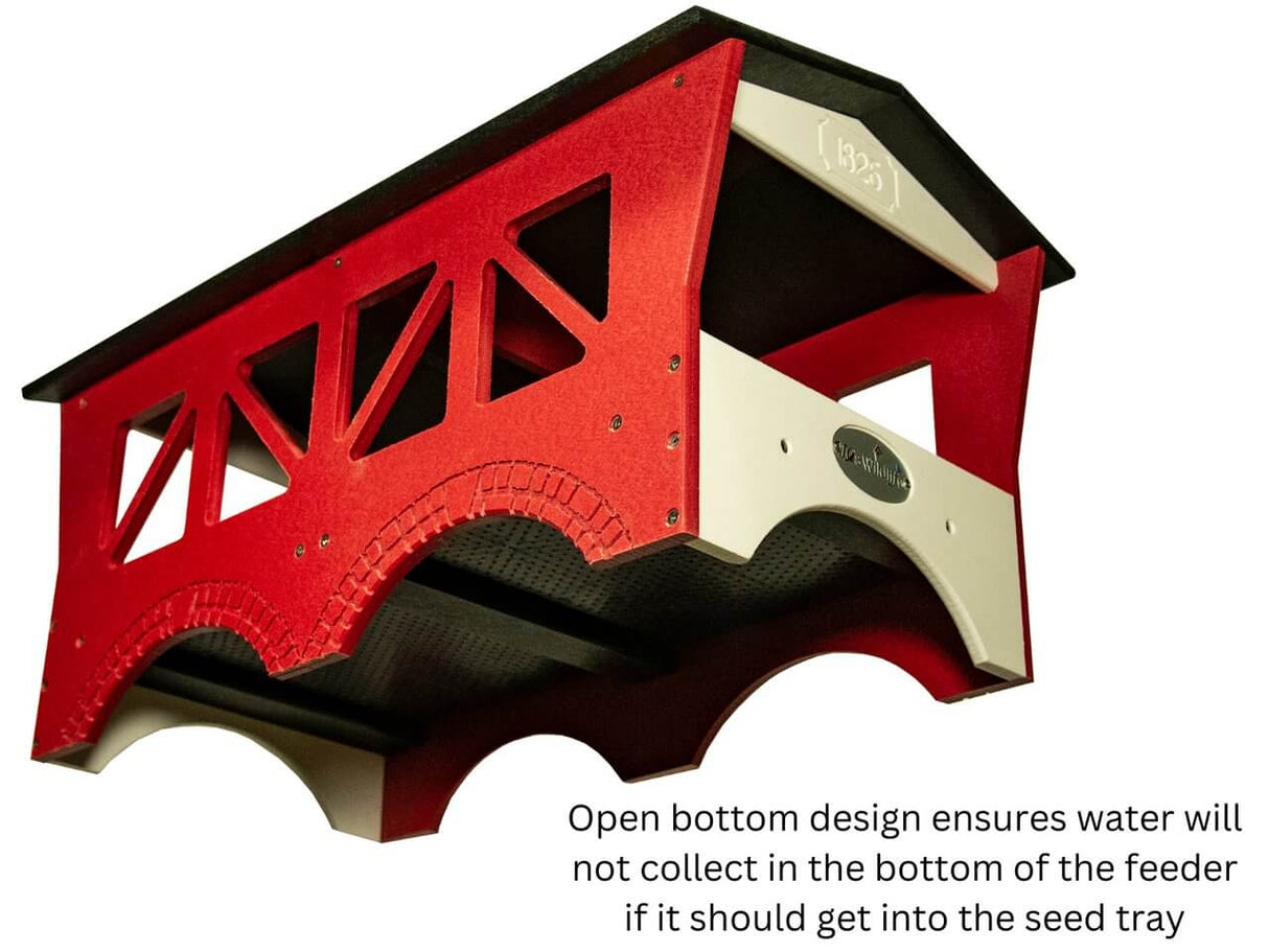 JCs Wildlife Ol' Red Covered Bridge Ground Feeder features an open bottom design for drainage, perfect for backyard bird feeding.