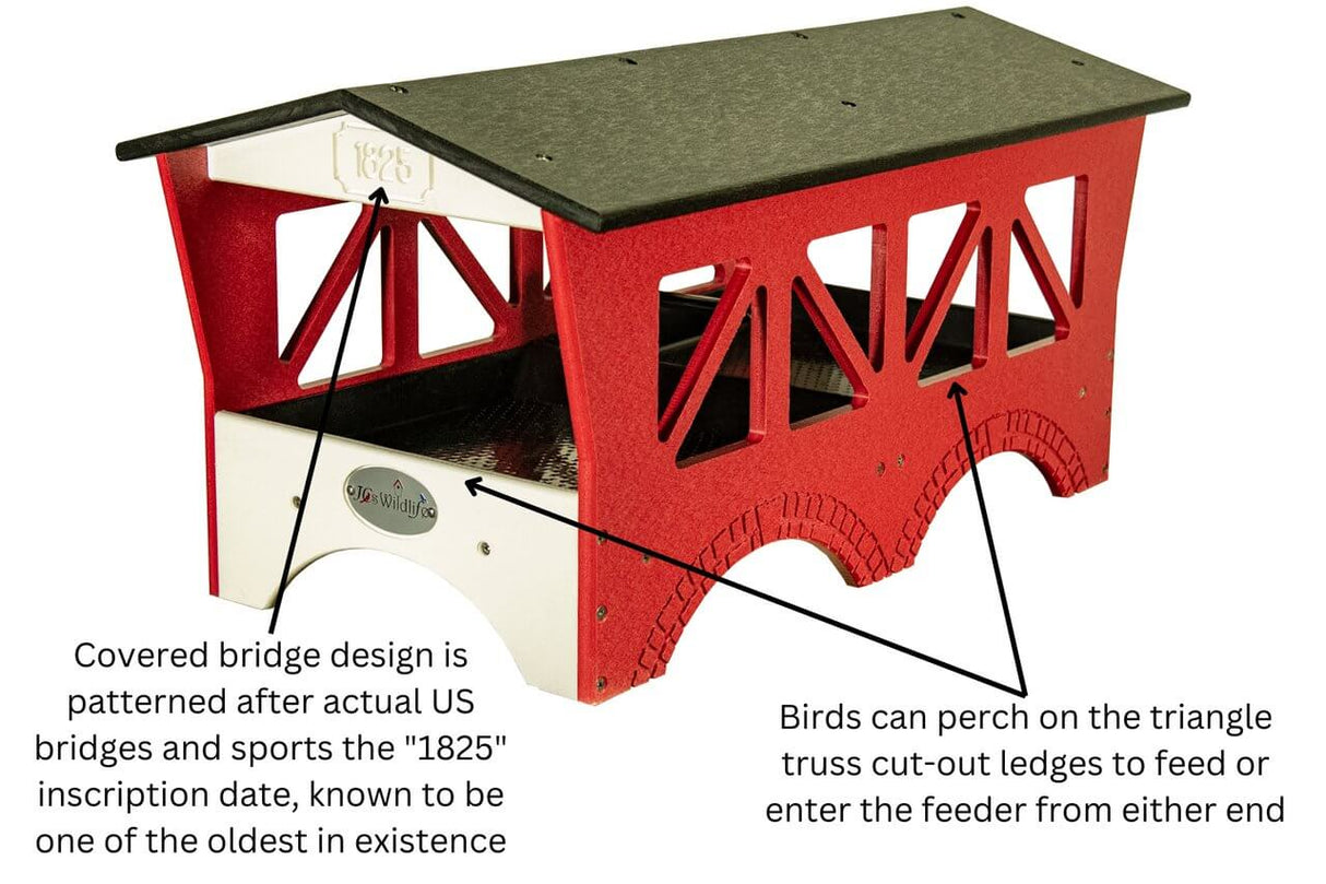 JCs Wildlife Ol' Red Covered Bridge Ground Feeder showcasing historic design and triangle truss cut-outs for bird access.