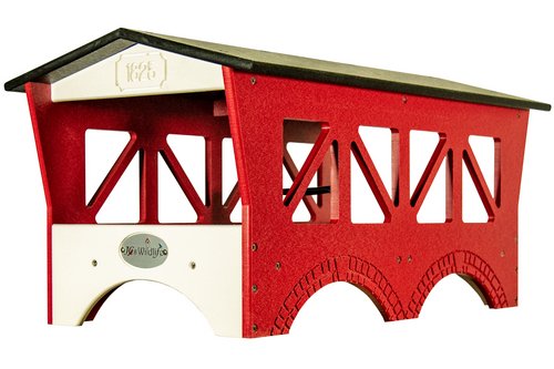 JCs Wildlife Ol' Red Covered Bridge Ground Feeder featuring triangle truss cut outs for birds in a charming design.