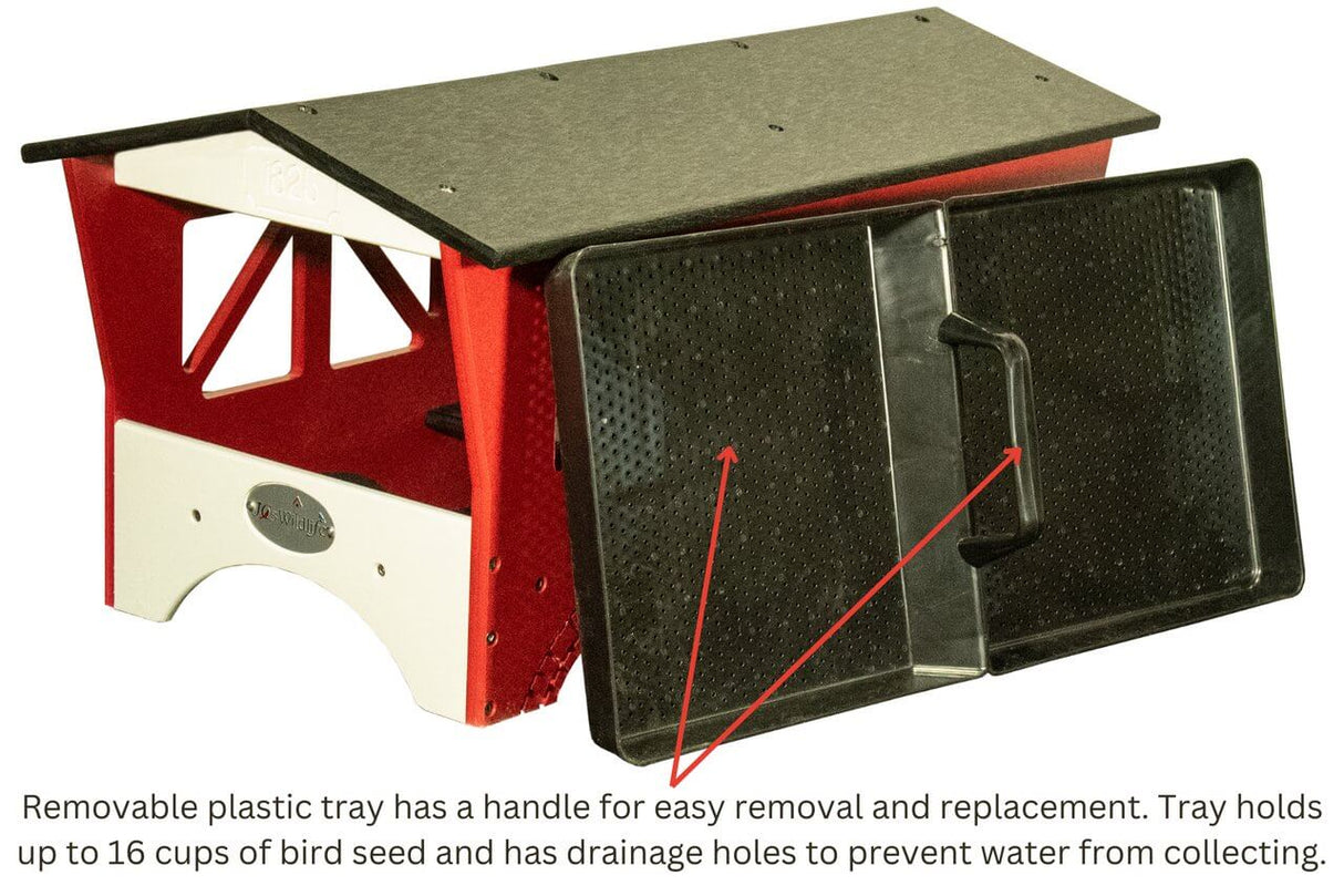 JCs Wildlife Ol' Red Covered Bridge Ground Feeder with removable tray for easy cleaning and drainage holes.
