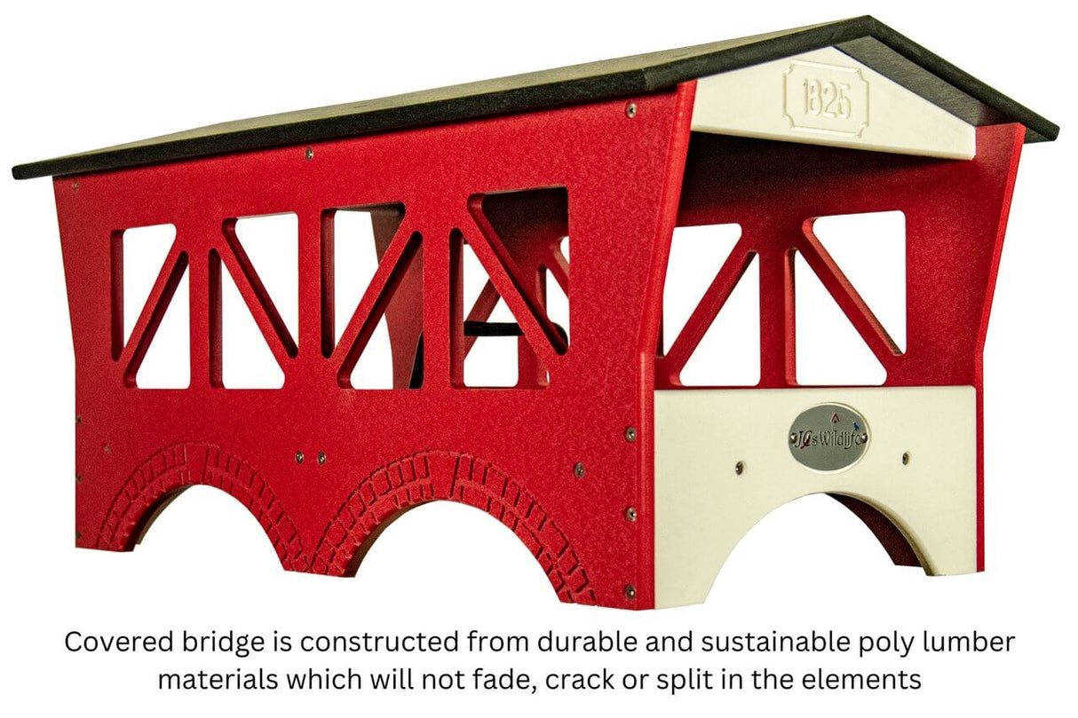 JCs Wildlife Ol' Red Covered Bridge Ground Feeder, durable poly lumber, countryside charm for backyard bird feeding.