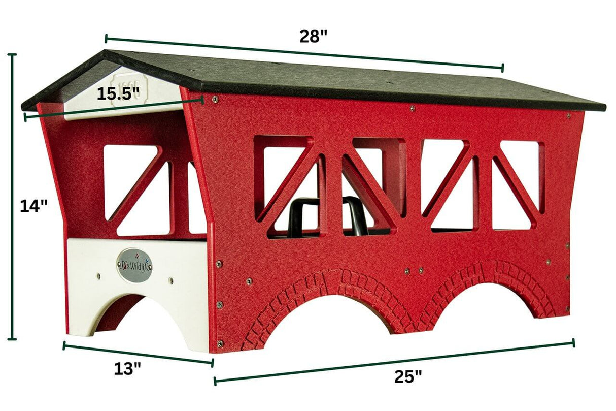 JCs Wildlife Ol' Red Covered Bridge Ground Feeder showcasing a charming red design with triangle cut outs and dimensions.