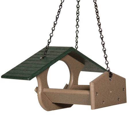 JCS Wildlife PB Pit Stop Peanut Butter Feeder with green roof and hanging chain, made from eco-friendly materials.