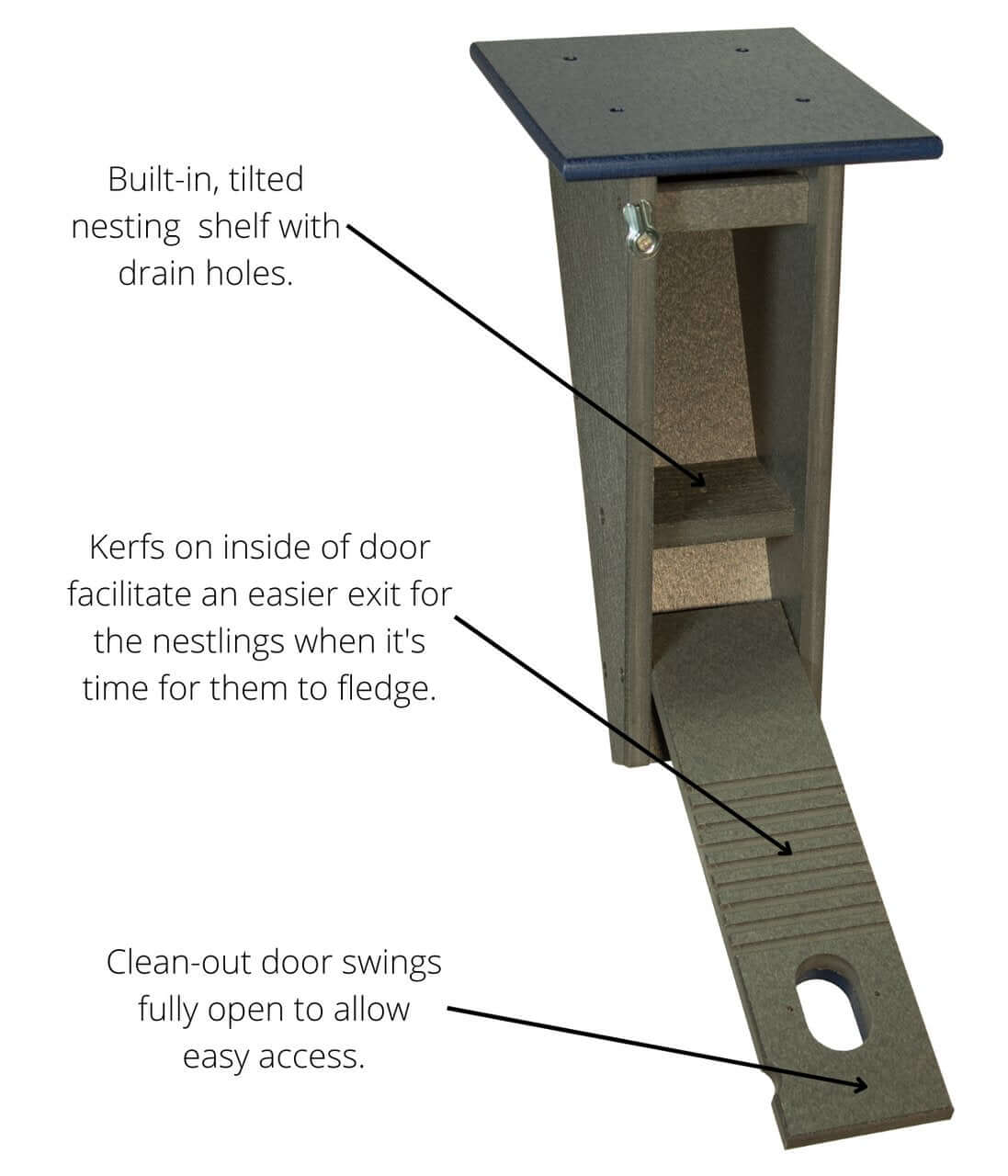 JCS Wildlife Peterson Bluebird House with nesting shelf, drain holes, and clean-out door for easy access.