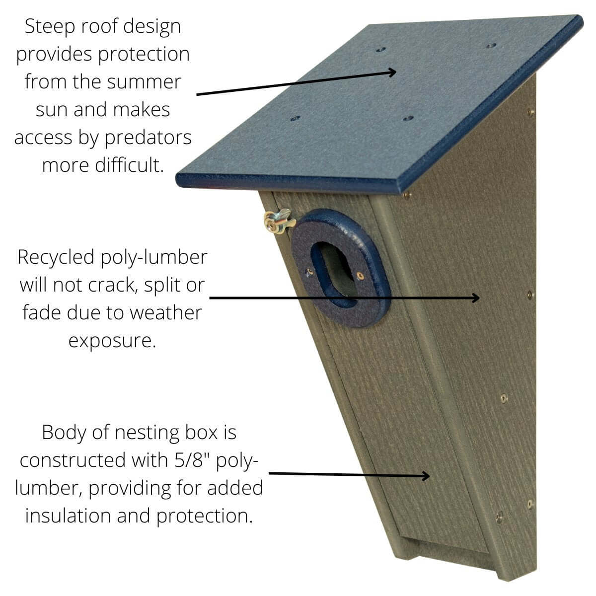 JCS Wildlife Peterson Bluebird House in gray and blue, featuring steep roof design and durable recycled poly lumber construction.