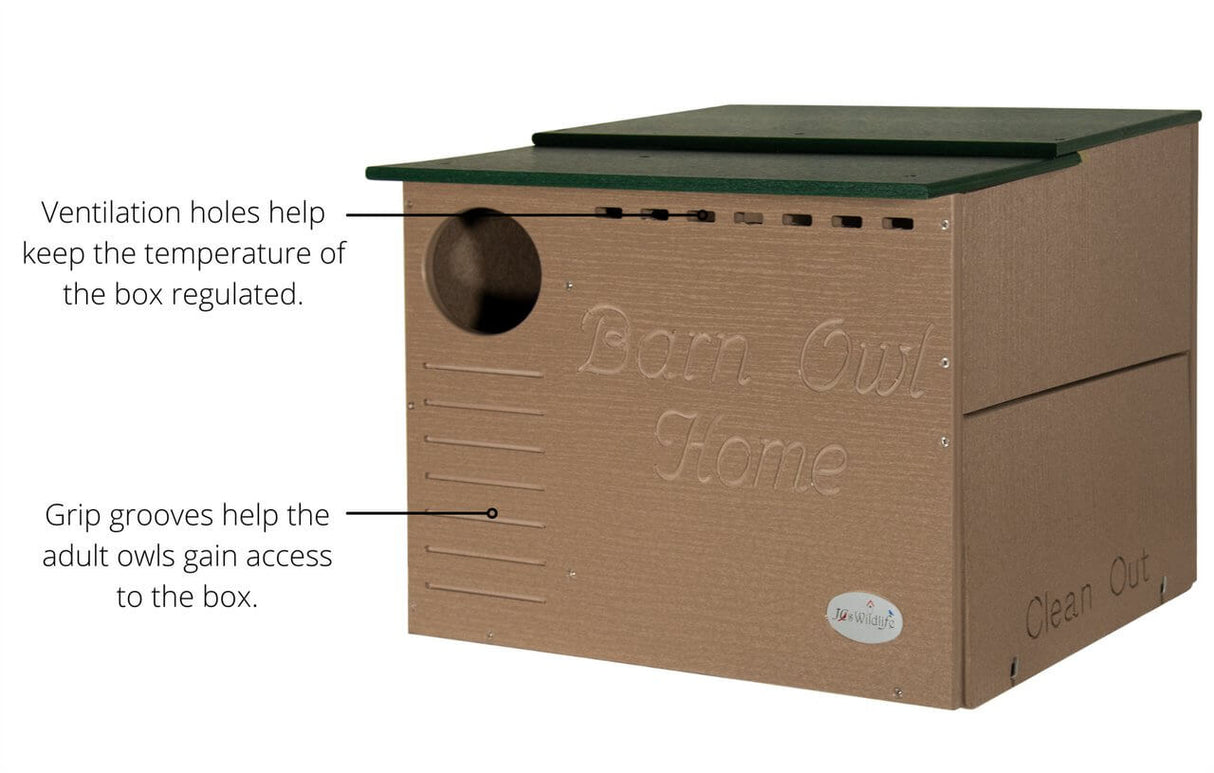JCS Wildlife Poly Barn Owl Nesting Box featuring ventilation holes and grip grooves for easy owl access.