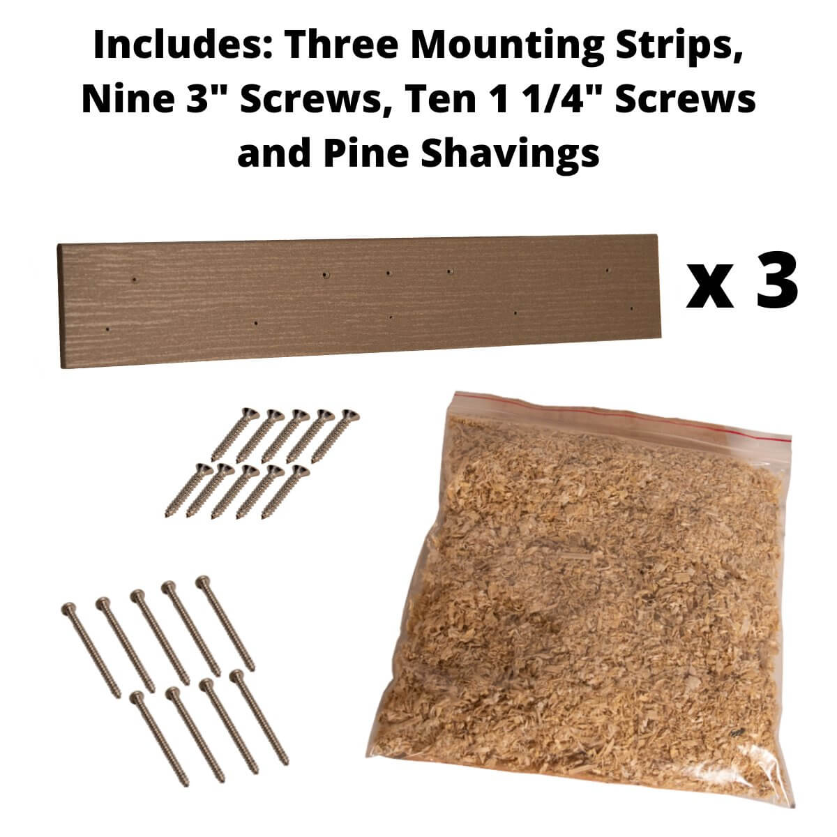 Includes three mounting strips, screws, and pine shavings for JCS Wildlife Poly Barn Owl Nesting Box installation.