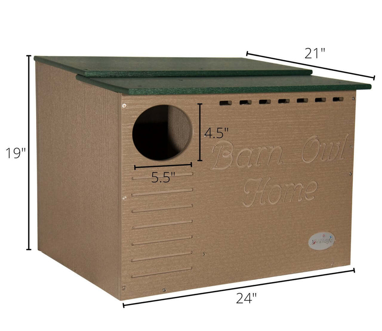 JCS Wildlife Poly Barn Owl Nesting Box dimensions showing an eco-friendly design for comfortable owl housing.
