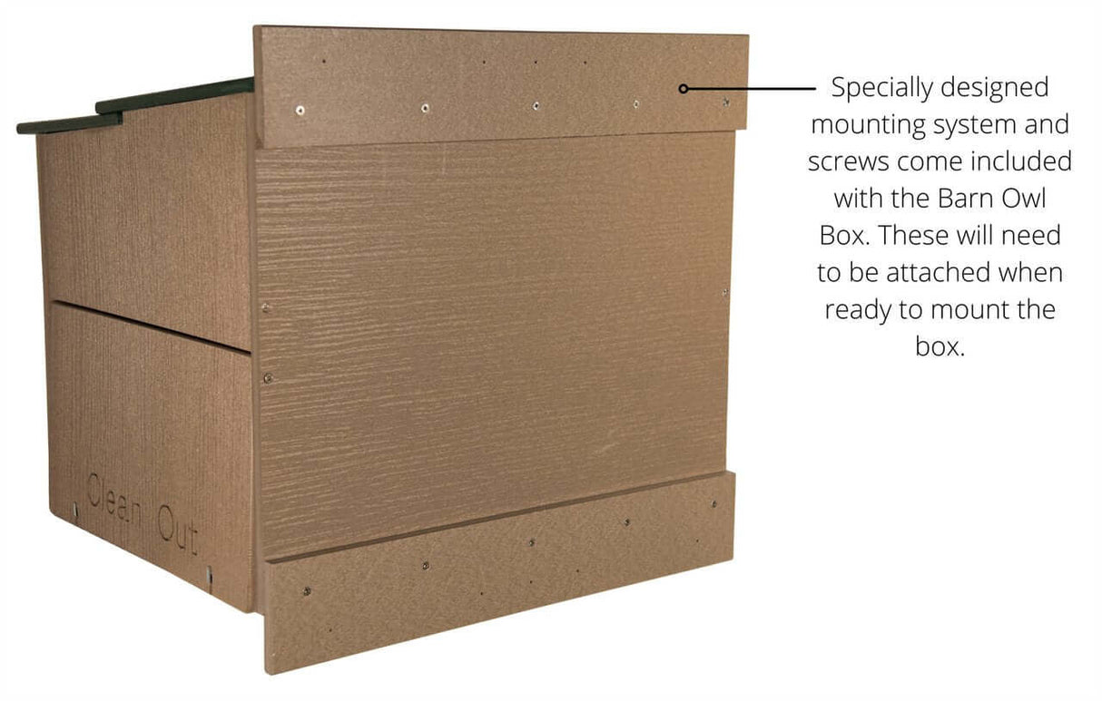 JCS Wildlife Poly Barn Owl Nesting Box with included mounting system and screws for easy installation.