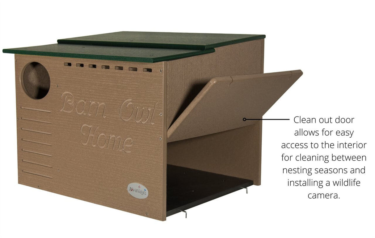 JCS Wildlife Poly Barn Owl Nesting Box with clean-out door for easy access and maintenance.