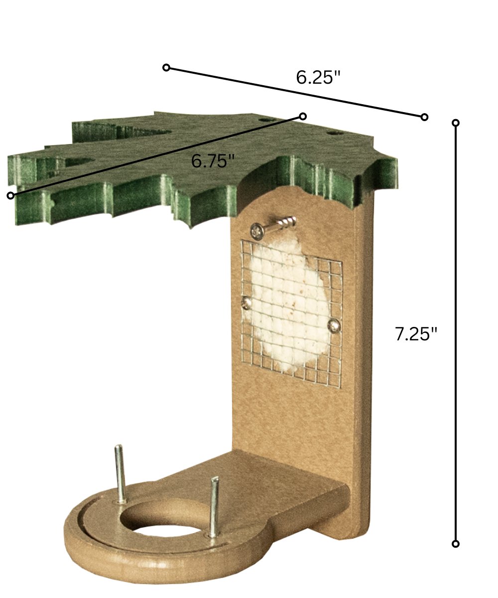 Poly lumber hummingbird nest builder with protective leaf overhang, dimensions 6.25"x6.75"x7.25", handcrafted for durability and weather resistance.