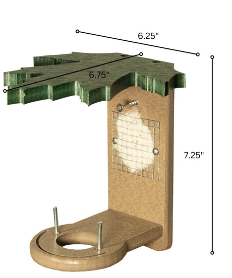 Poly lumber hummingbird nest builder with protective leaf overhang, dimensions 6.25"x6.75"x7.25", handcrafted for durability and weather resistance.