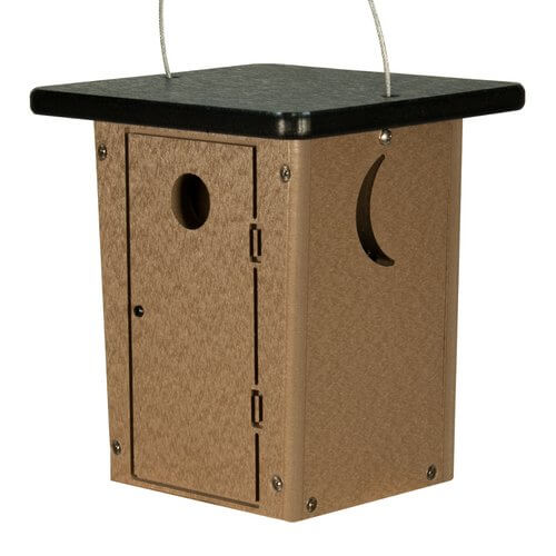 JCS Wildlife Poly Outhouse Wren House made of recycled materials, featuring a bird entrance and hanging design.