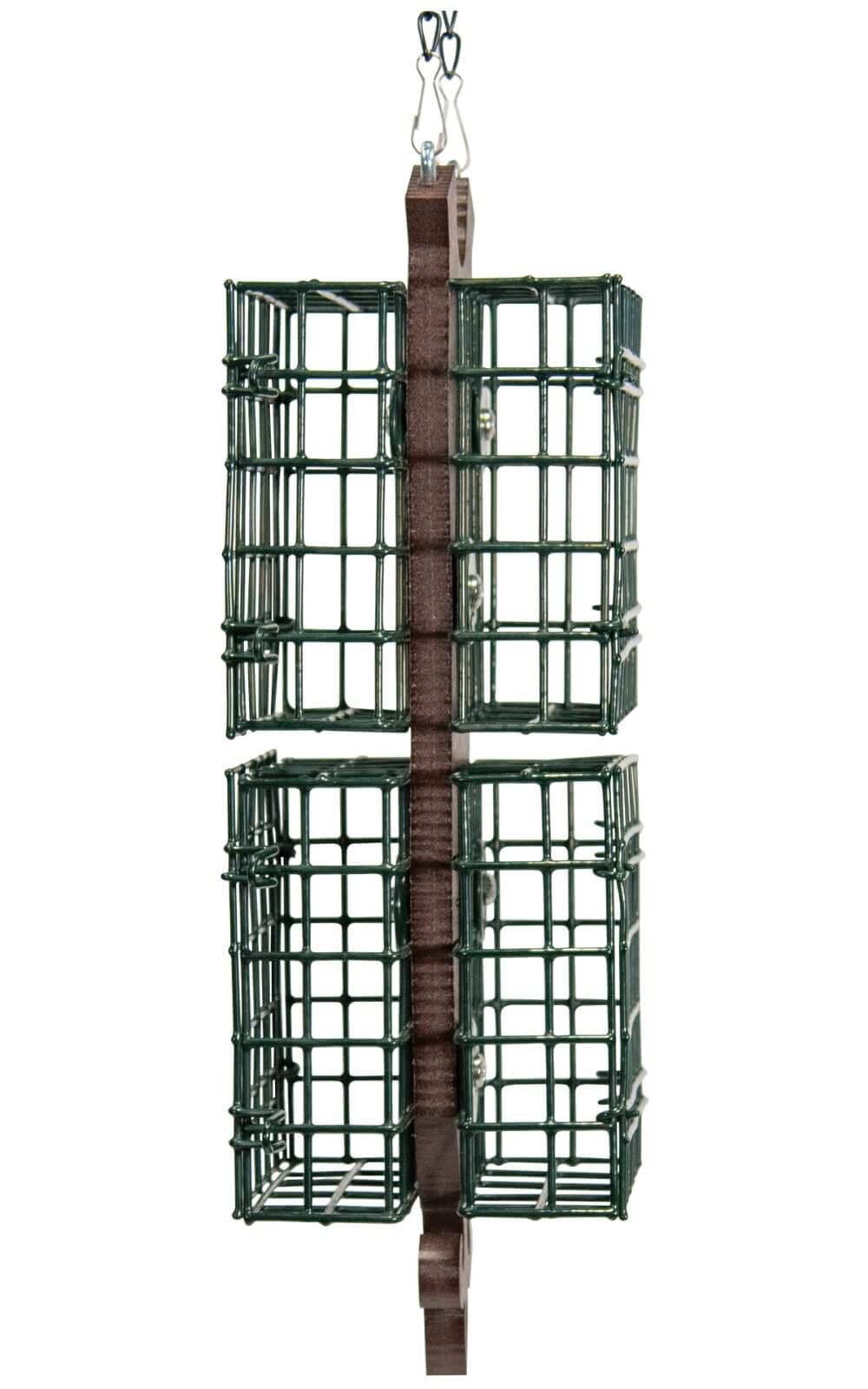 JCs Wildlife Quad Fleur de Lis Suet Feeder featuring four PVC coated wire suet cages for bird feeding.