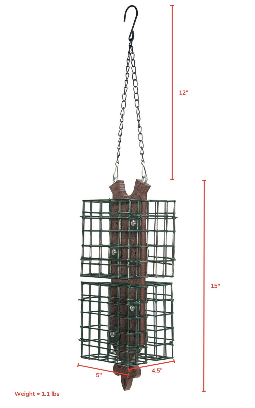 JCs Wildlife Quad Fleur de Lis Suet Feeder with measurements, featuring four suet cages in a decorative frame.