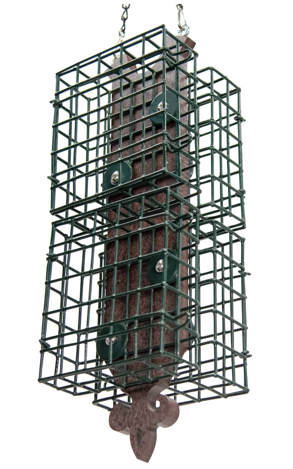 JCs Wildlife Quad Fleur de Lis Suet Feeder with green wire cages for suet cakes, stylish poly lumber frame.