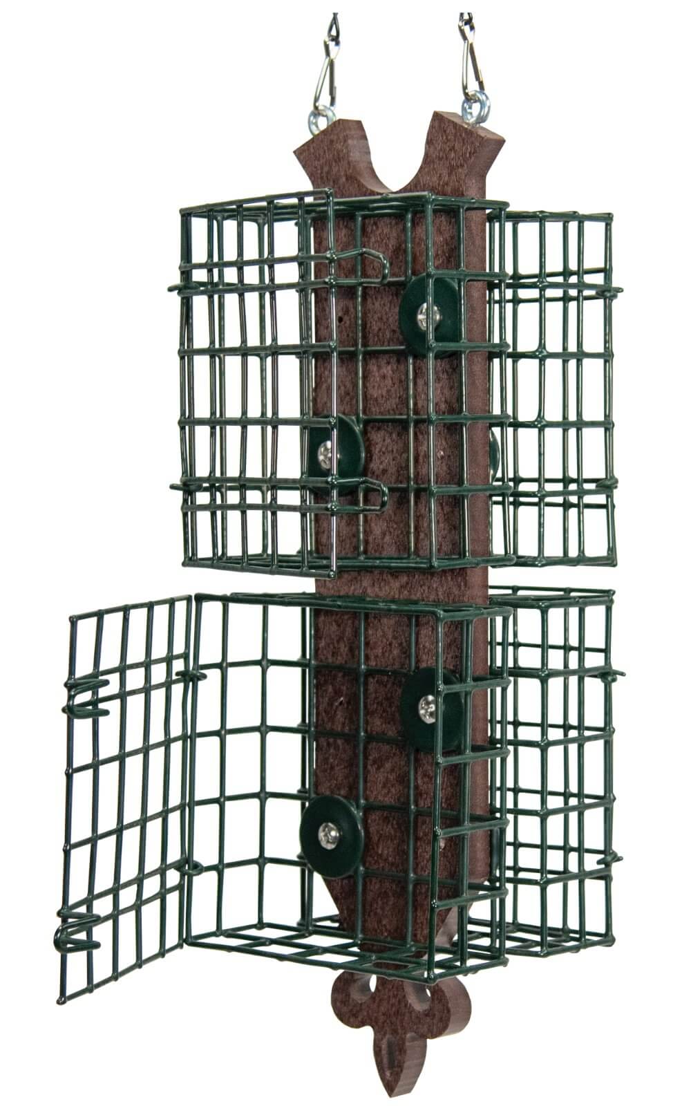 JCs Wildlife Quad Fleur de Lis Suet Feeder with four wire cages for suet cakes in green color.