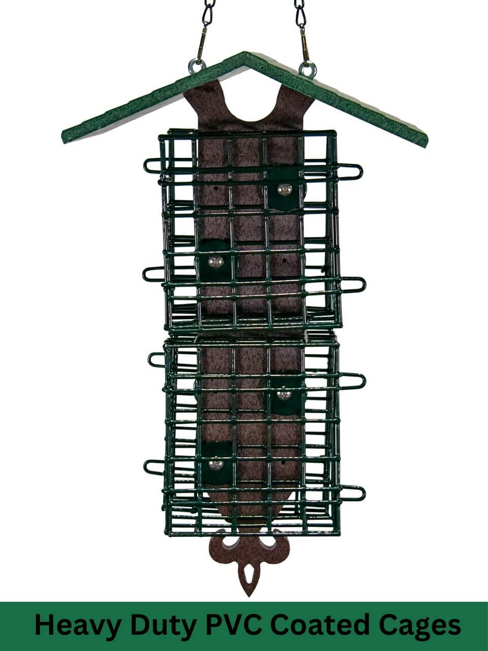 JCS Wildlife Quad Fleur de Lis Suet Feeder with Roof, featuring heavy duty PVC coated cages for suet cakes.
