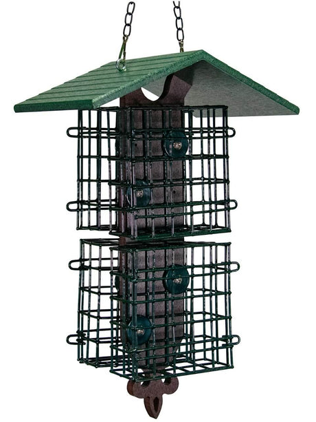 JCS Wildlife Quad Fleur de Lis Suet Feeder with Roof featuring four suet cages and a weather-resistant roof.